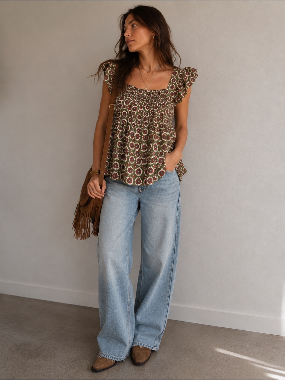 NWOT BUCKETLIST Floral Babydoll Top Large Olive Green Ruffle Sleeve Boho Cotton